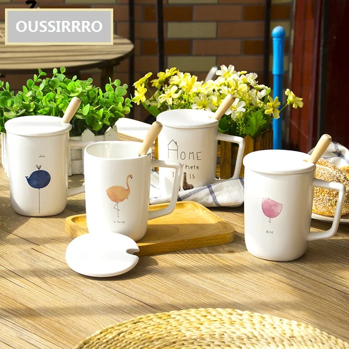 

330ml Creative Ceramic Mug with Cover and Spoon Special Slotted Cup Flamingos Mug Home Office Fancy Gift for Tea Drinker