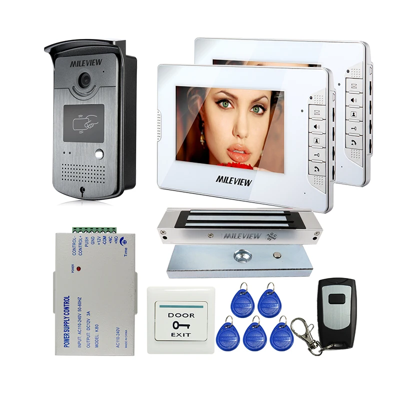 

FREE SHIPPING 7" Color Screen Video Door Phone Intercom System 2 White Monitors + RFID Access Doorbell Camera + Magnetic Lock