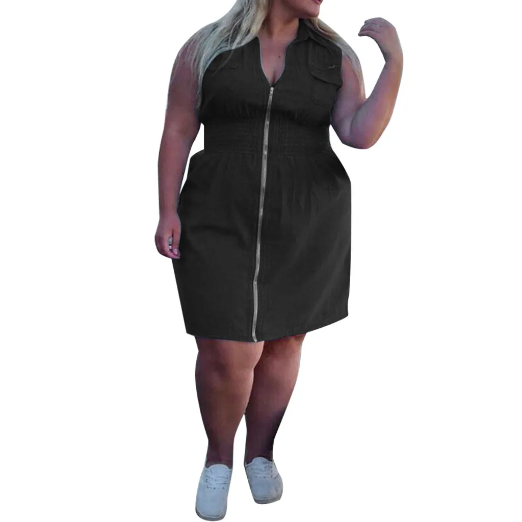 

Plus Size Womens Summer Sleeveless Zip Up Casual V-Neck Denim Material Dress Mini Jeans Dress sundress Female Summer july 24