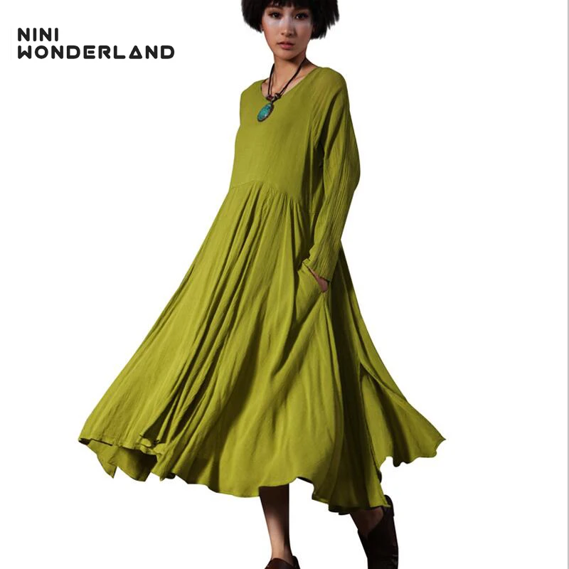 Женское винтажное платье макси NINI WONDERLAND однотонное длинное из хлопка и льна с