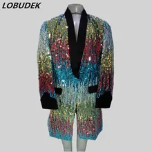 Мужские длинные Красочные Клубные пиджаки, куртка, зеленое пальто с пайетками для вечеринки, тонкое пальто, Повседневная певица, танцовщица, для выпускного вечера, для шоу, крутые сценические костюмы