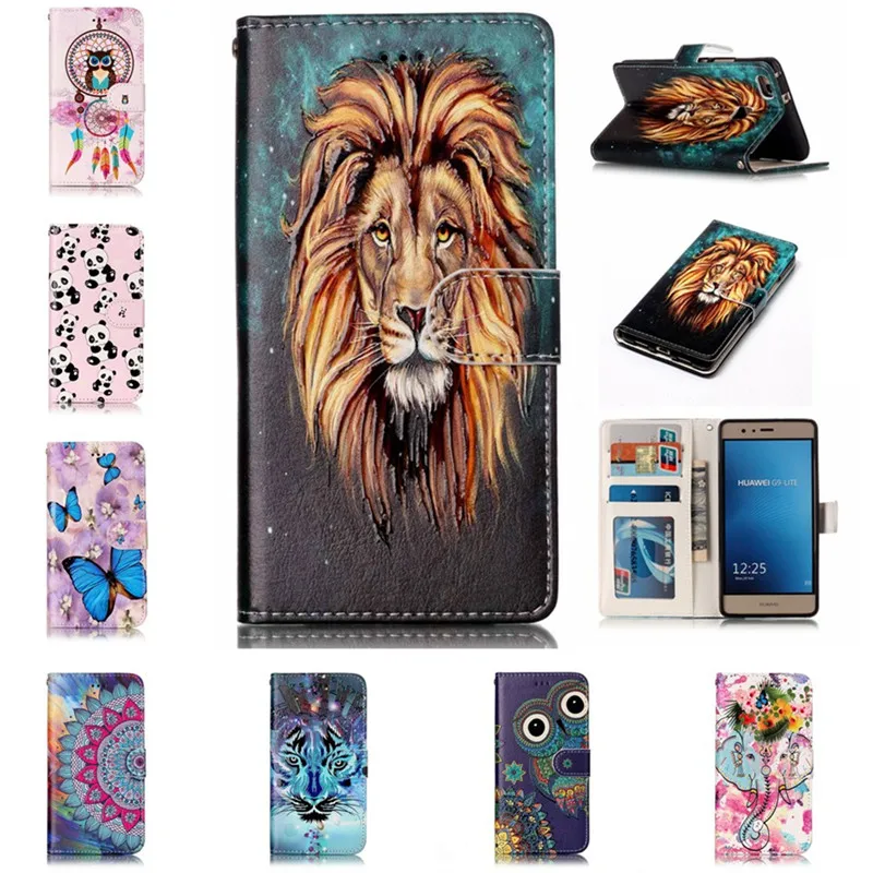 

3D Relief Leather Wallet Cases for Huawei P9 Lite 2016 Flip Cover Lion Wolf Butterfly Owl Panda Elephant Etui Carcasas Capinhas