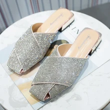 Moxxy Luxury Crystal Flat Mules Lady Slippers Slip On Square Toe Sandals Women Mules Outdoor Slipper Shoes Woman Slides Femme moxxy summer retro leather slippers women printing mules loafers slip on flat sandals black ladies shoes woman zapatos m