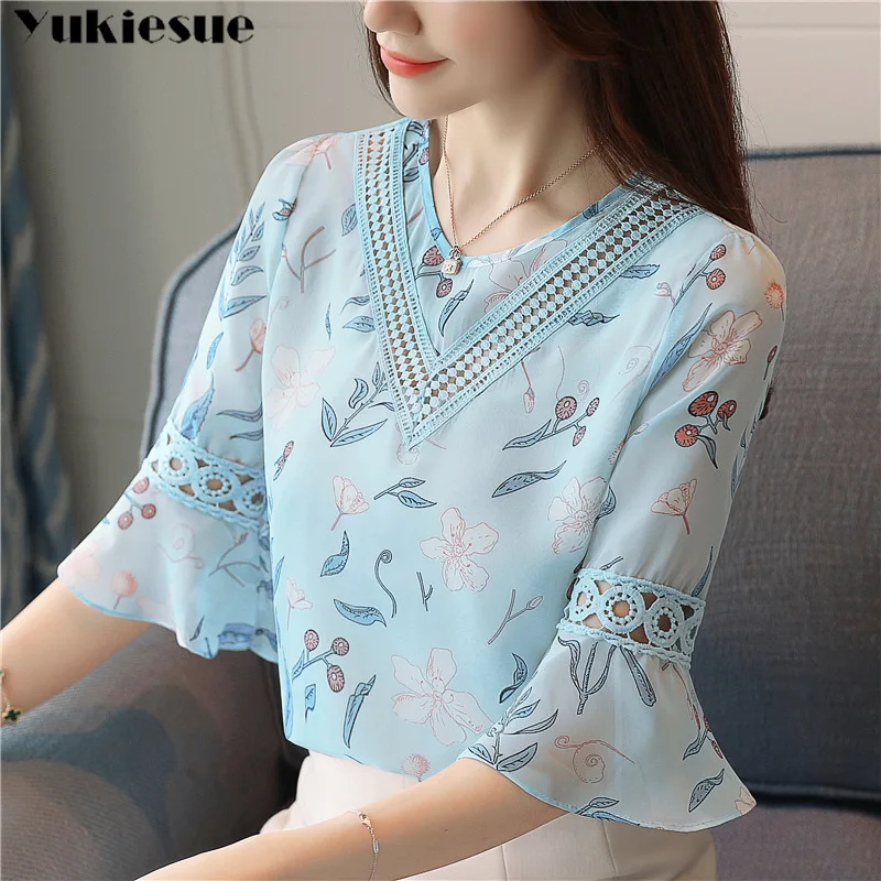 

fashion print chiffon blouse women shirt flare sleeve summer women tops hollow chiffon women blouses shirts blusas Plus size