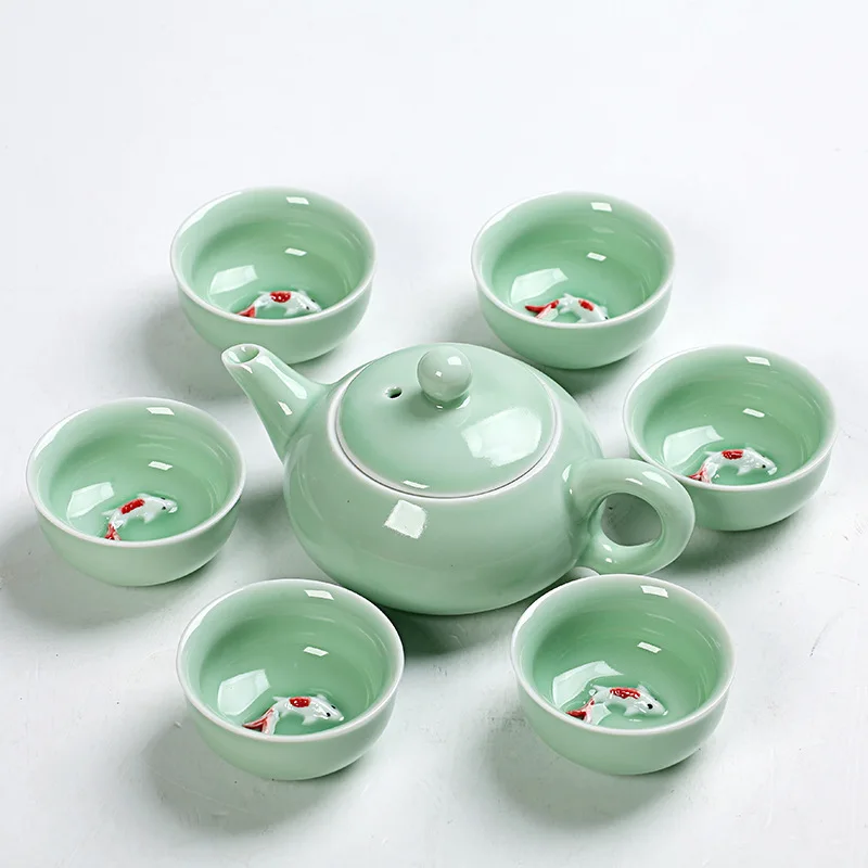 

Chinese Celadon Tea Set Kung Fu Porcelain Handmade Ceramic Tea Set 6Cups with Teapot Teal with Raised Koi Fish Design