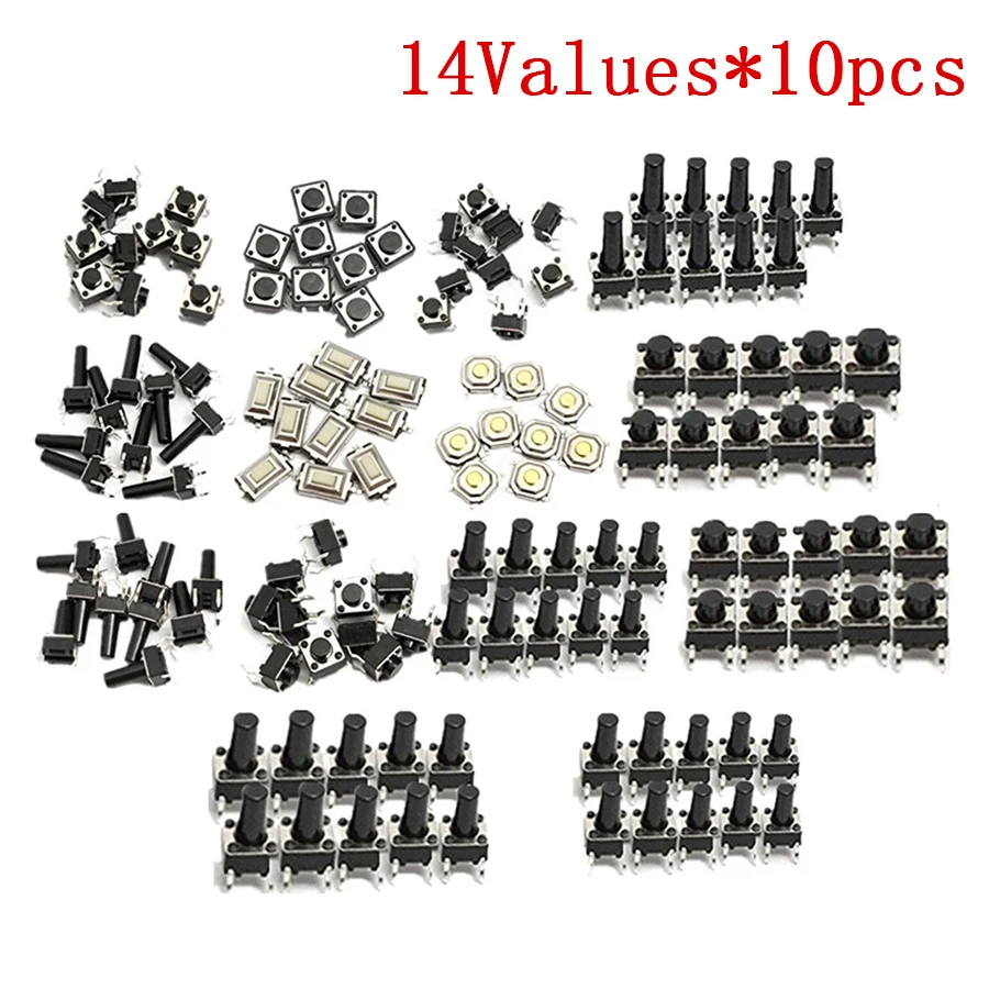 

140pcs/lot 14types Switches Momentary Tact Tactile Push Button Switch DIP SMD Assortment Kit Set on off electronic power button