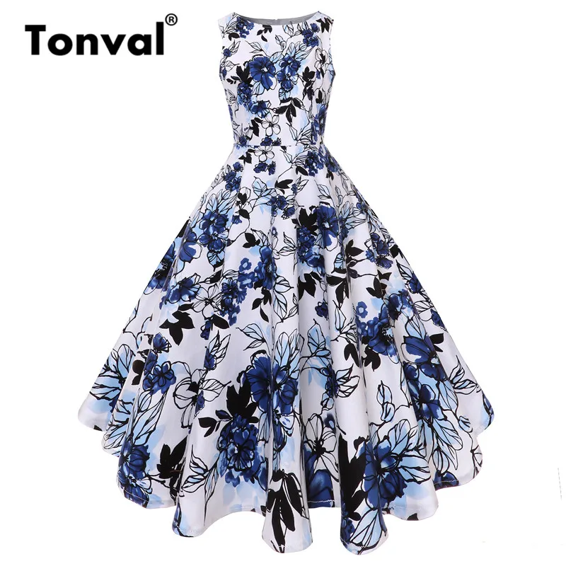 

Tonval Cotton Elegant Vintage White Dress 1950S Women Summer 2019 Floral Dresses Blue Flower Rockabilly Swing Dress