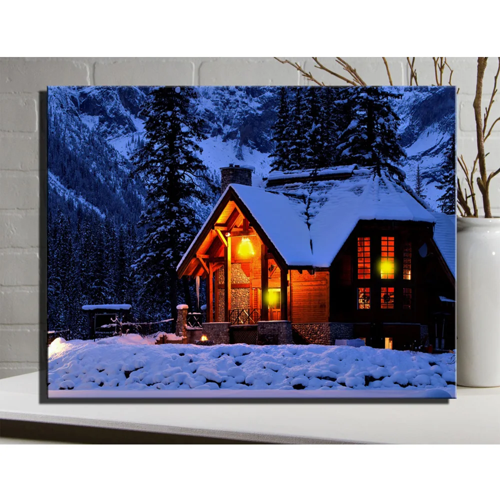 Canvas wall art with led lighted up Village Cottages lighted in winter