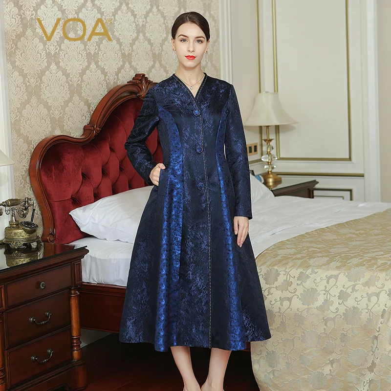 VOA 2017 Herfst Winter Plus Size Vrouwen Maxi Lange Tuniek Jas Marineblauw Zware Zijden Jacquard Borduurwerk Slanke Trenchcoat FLX02001