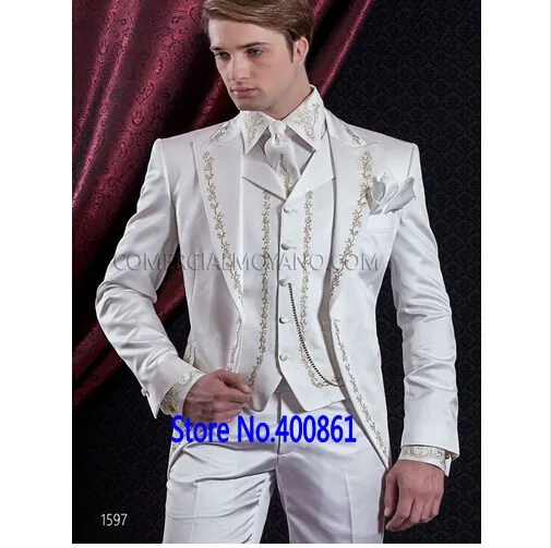 Классический стиль, белые смокинги с вышивкой для жениха, смокинги для жениха, Свадебный Блейзер, костюмы для выпускного на заказ(пиджак+ брюки+ жилет) K: 345 - Цвет: same as picture