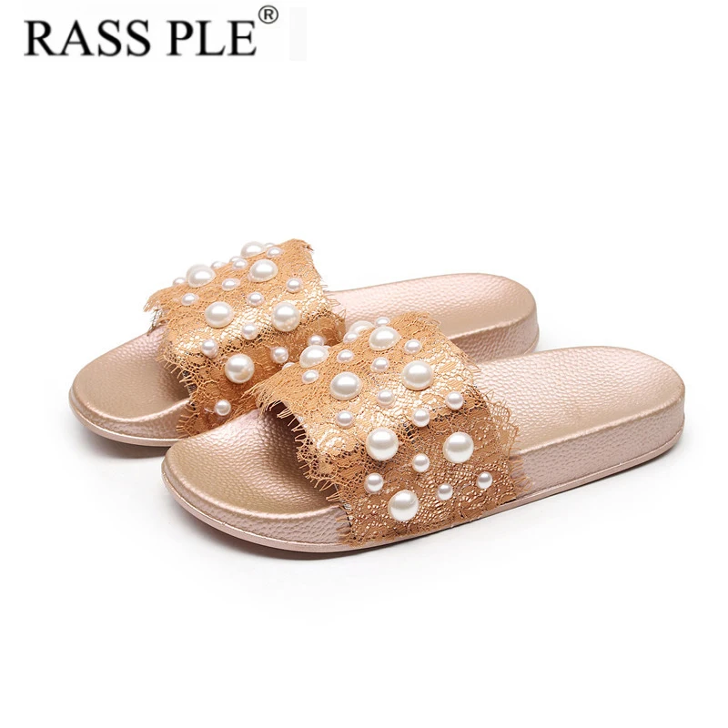 

RASS PLE New Fashion 2019 Women Summer Flip Flop Shoe Sliders Pearl Lace Sandals Ladies Slip On Slippers Mules Comfy Beach Shoes