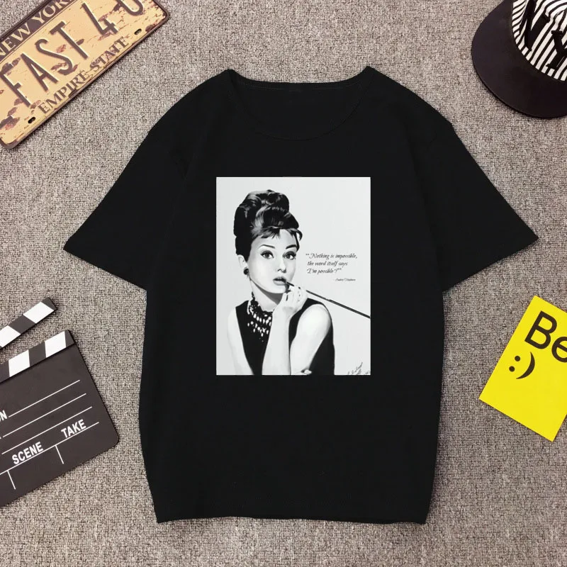 

Audrey Hepburn Smokes Cool Girls Women's Harajuku Korean Black T-shirt Short Sleeve Tees Hipster Tops Streetwear Camiseta Mujer
