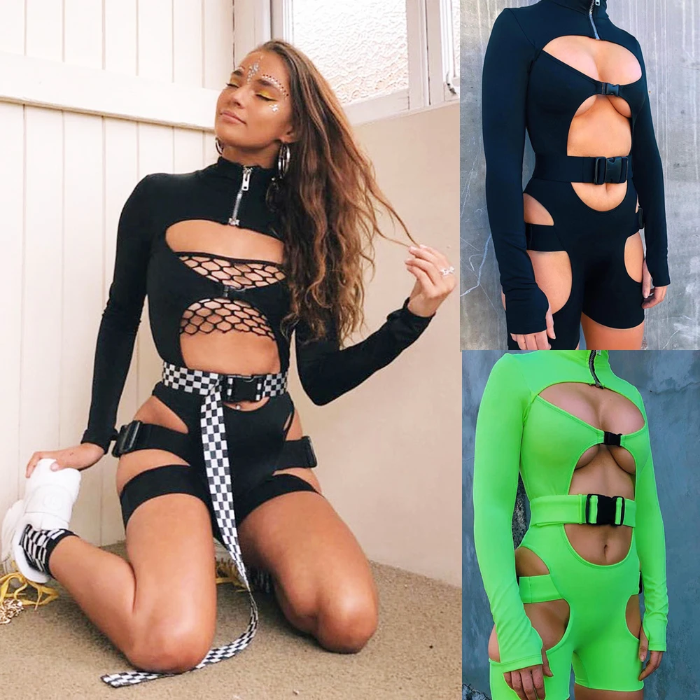 Сексуальная Bodycon бинты для женщин с длинным рукавом сплошной черный комбинезон короткие мотобрюки повседневное Клубная женская одежда летняя одежда