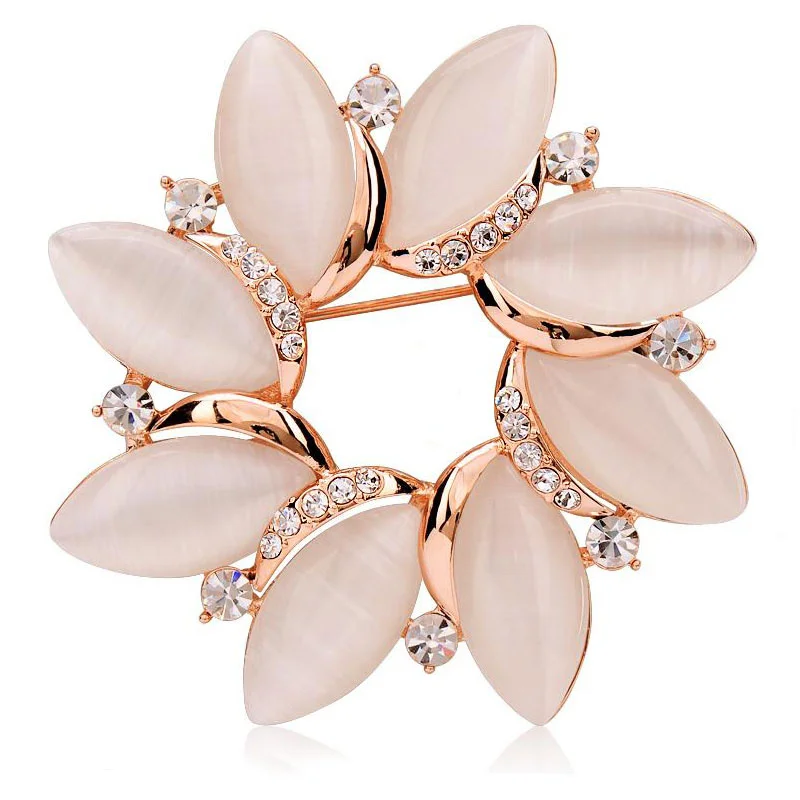 

Stunning Clear Crystals Rhinestone And Opal Flower Brooch Fancy Gold Color Alloy Female Banquet Dress Jewelry Pins