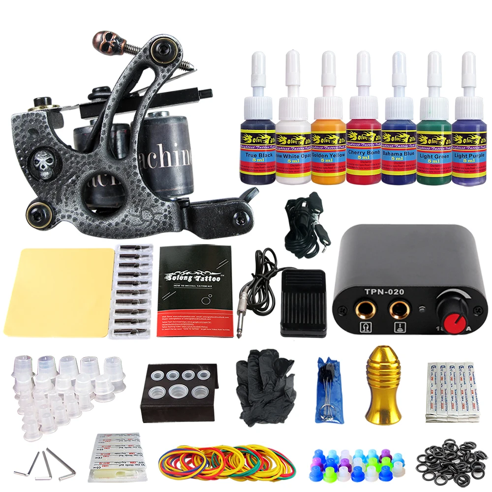 

Solong Tattoo Machine Kit Complete Set Aluminium Grip Power Supply Foot Padel Switch Cartridge Needles TK105-53