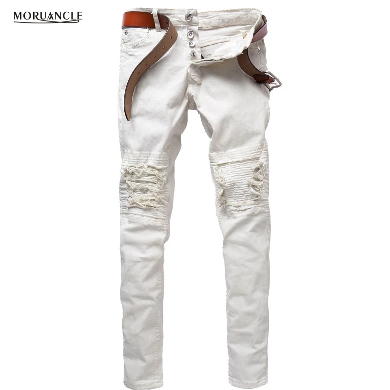 MORUANCLE Fashion Mens Ripped Biker Jeans Pants Brand Designer Distressed Denim Joggers For Male Slim Fit