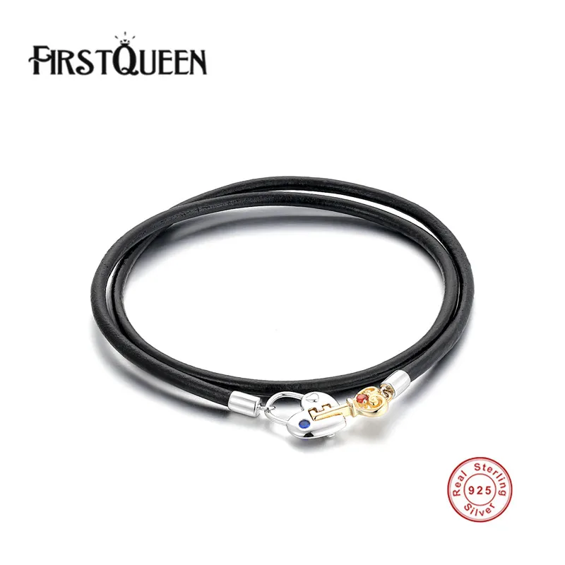 FirstQueen Genuine Leather Long Bracelets With Silver 925 Key Lock Clasp DIY for Women and Men Silver Fine Jewelry FirstQueen Genuine Leather Long Bracelets With Silver 925 Key Lock Clasp DIY for Women and Men Silver Fine Jewelry