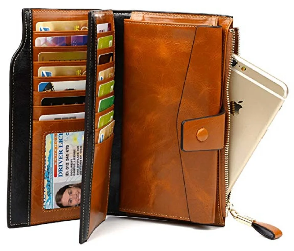 Женская RFID Блокировка большой емкости роскошный воск кошелек клатч из