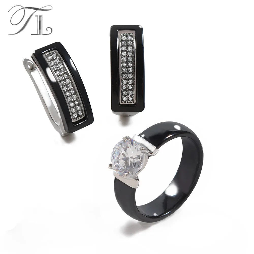 

TL Black&White Ceramic Wedding Jewelry Sets Big Cubic Zircon Earrings & Ring Jewelry Set Wedding Engagement Bridal Set For Women