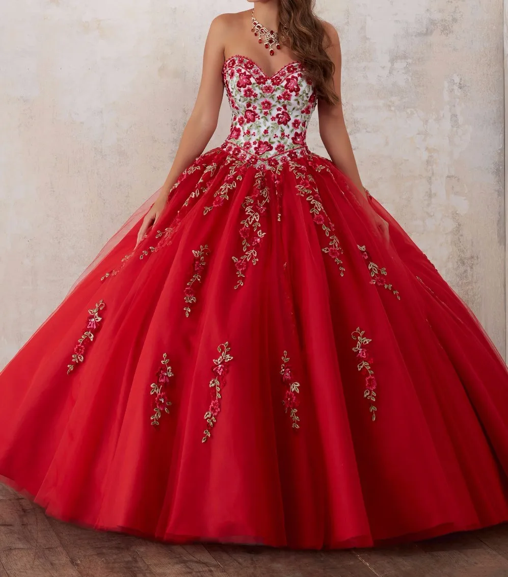 Красные платья с вышивкой для Quinceanera 2019 из тюля бисером и кристаллами 15-летних
