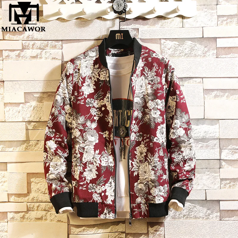 

MIACAWOR 2019 New Men Jacket Floral Print Bomber Jacket Spring Fashion Men Coats Zipper Jaqueta Masculina Outwear J606