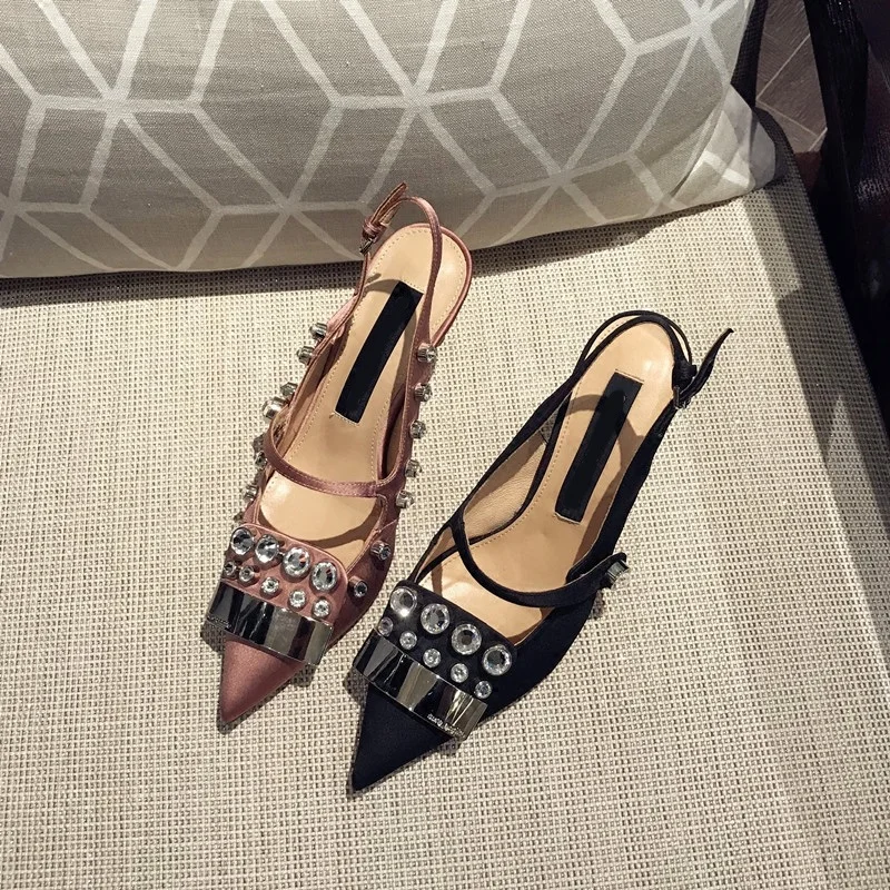 

New Style Women Silk Pink Pointed Toe Crystal Decoration Pumps Elegant Ankle Buckle Strap 7cm High Thin Heel Party Dress Shoes