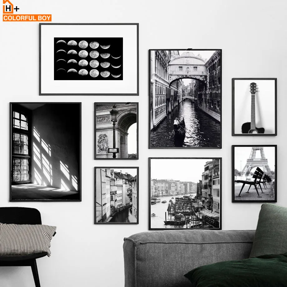 

Paris Venice Window Guitar Moon Wall Art Canvas Painting Black White Nordic Posters And Prints Wall Pictures For Living Room Bar