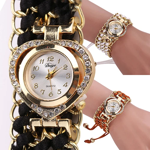 

New Arrivals Women Fashion Love Heart Shiny Rhinestone Braid Band Analog Quartz Wrist Watch