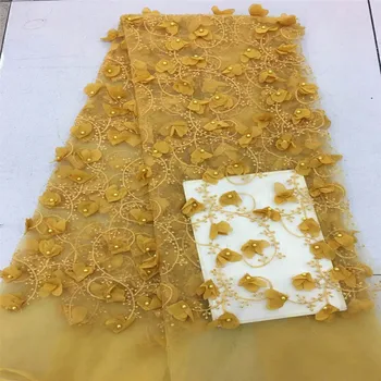 

High Quality African Lace Fabric 2018 Yellow Color African 3d Lace Fabric For Sewing Nigeria Lace Fabric With Beads 5yards H417