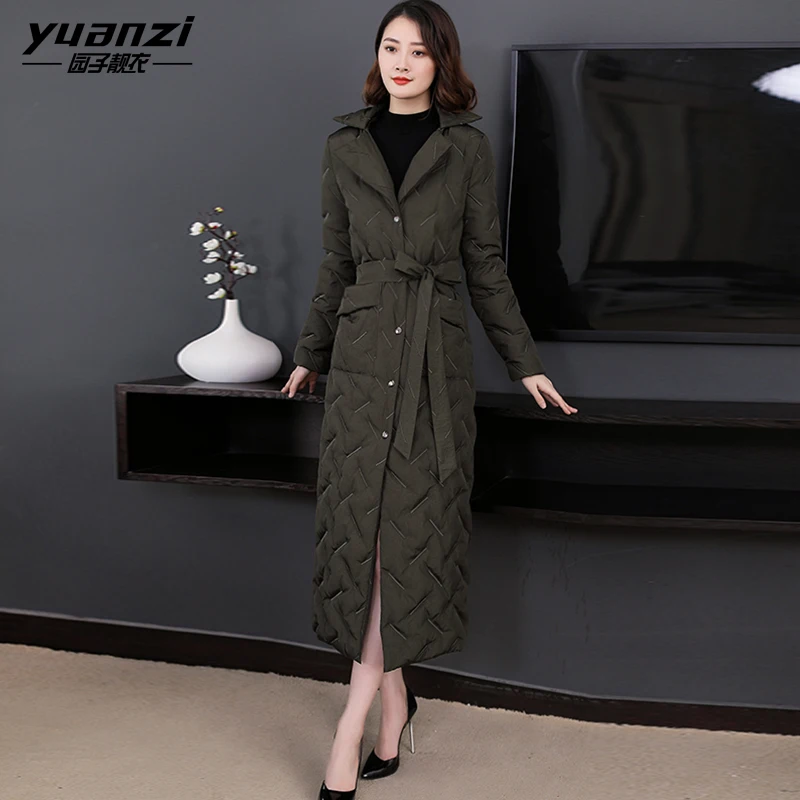 Women Winter Down Coats Thin Warm Down Jacket Female Embroidered X-Long Parka Single-breasted Turn-down Collar With Belt Pocket