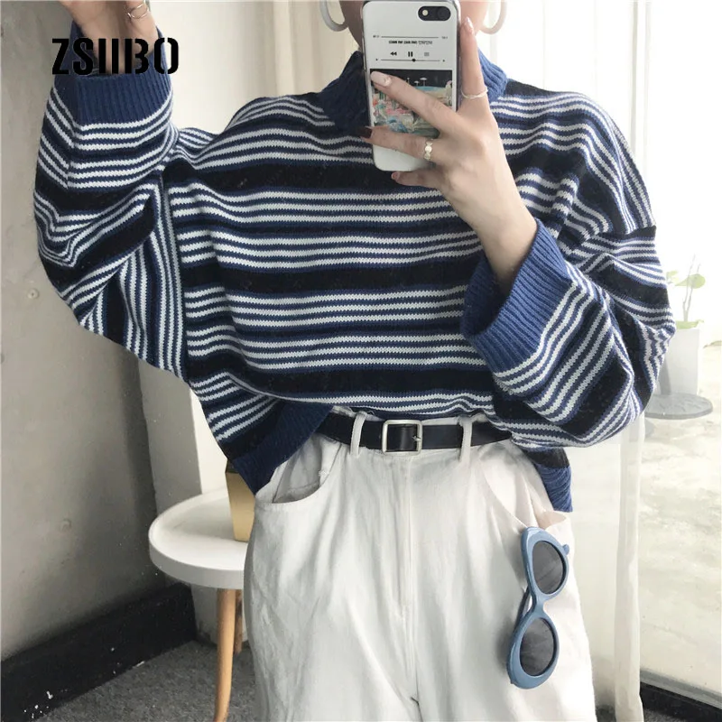 

Winter new Korea ulzzang fashion retro striped short sweater pullover sweater ins Harajuku half-high O-neck casual women sweater