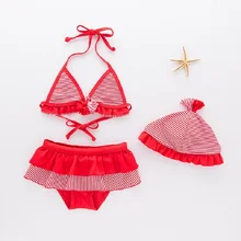 Новое поступление, красивый купальник для девочки в красную и белую полоску/детский купальник из трех предметов(с шапкой) 3139
