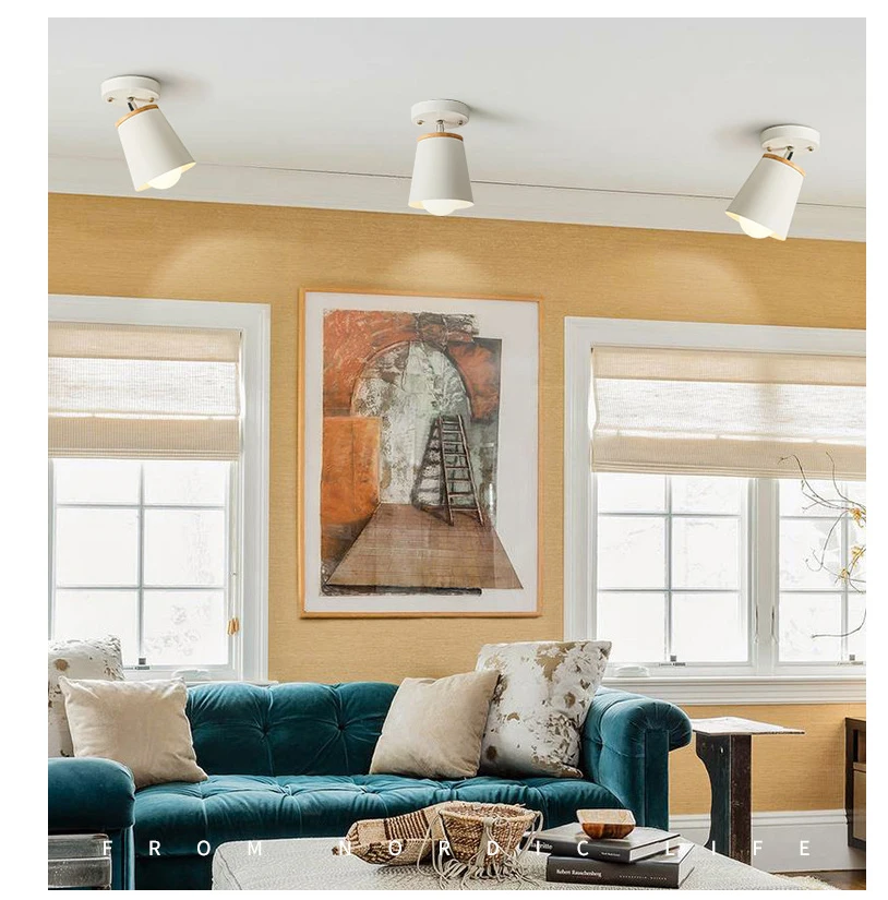 Modern Led Ceiling Light Fixture Iron Lampshade With Wood Adjustable Angle Nordic Indoor Hanging Lamp Corridor Aisel E27 White