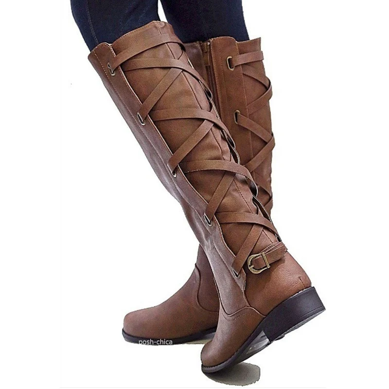 Plardin/Новые модные зимние сапоги до колена в сдержанном стиле размера плюс 35-43 Женская обувь модные женские зимние сапоги с перекрестной шнуровкой на квадратном каблуке - Цвет: Коричневый