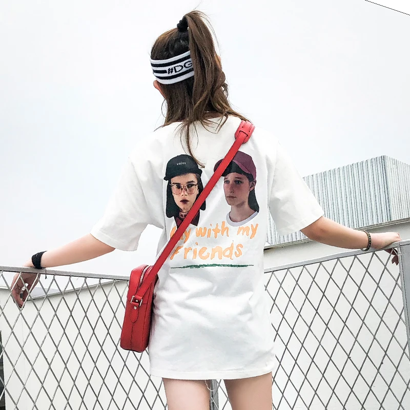

YASUGUO New 2019 Streetwear Loose Summer Short Sleeve T Shirt Women Fashion Character Printed Cotton Tees Women Graphic T Shirts