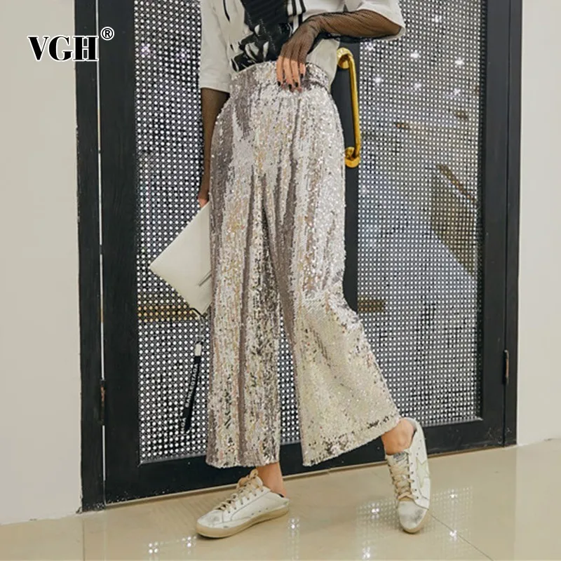 

VGH 2019 Summer Sequins Patchwork Loose Wide Leg Pants For Women High Waist Ankle-length Pant Female Fashion New Streetwear