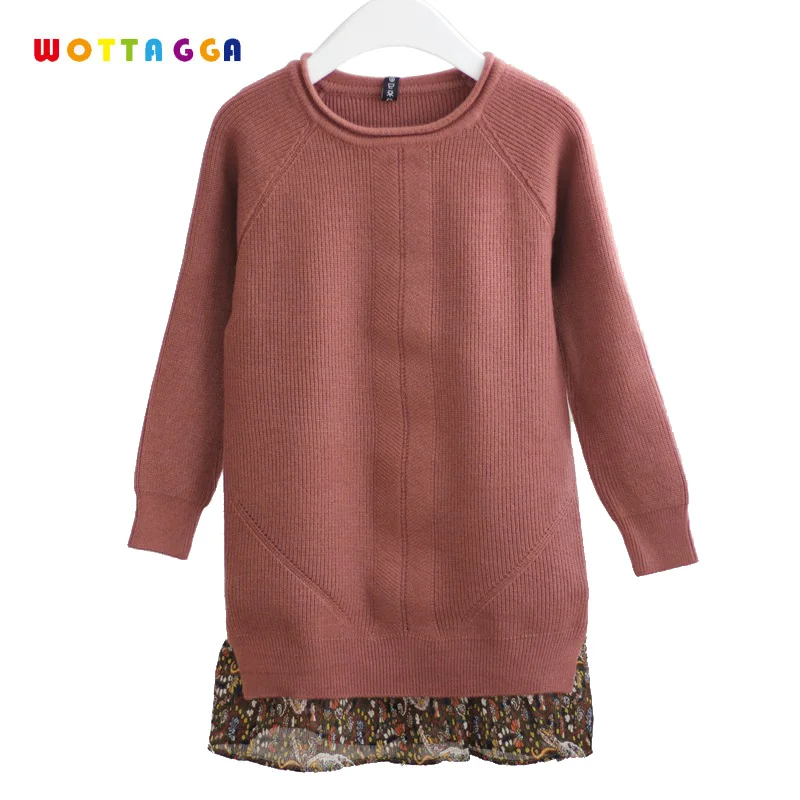 

WOTTAGGA Girls Dress Sweater Acylic Cotton Pullover Long Sleeve Kids Sweater Floral Drape Turndown Collar Toddler Dress 3-7Y