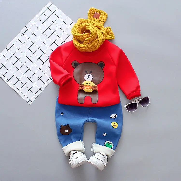 Г., комплект одежды для маленьких мальчиков и девочек, зимний модный Стильный хлопковый флисовый комплект одежды с круглым вырезом и длинными рукавами с изображением медведя для детей от 1 до 3 лет - Цвет: Red