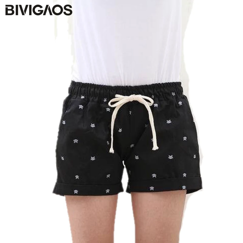 

Free Shipping New Fashion Euramerican Casual Mid Waisted Loose Hot Small Cat Printed Cotton Shorts For Ladies Women