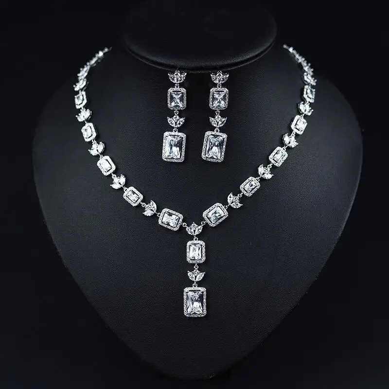 HIBRIDE New Arrival Water Drop Clear Cubic Zirconia Nigerian Jewelry Sets Women Bridal Square Shape Necklace Earring Set N-1047