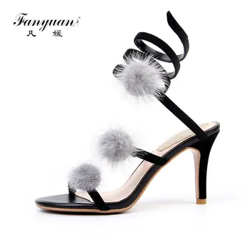 

Fanyuan Leather Sandals Women Snakes Shoes Fur Sandals Sexy Strappy High Heels Sandals Summer Shoes Party Wedding sandalias