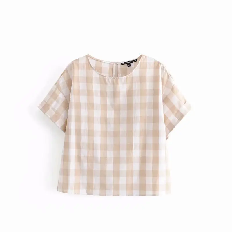 

new women fashion basic plaid print casual kimono blouses shirts women o neck short sleeve chemise chic linen blusas tops LS3609