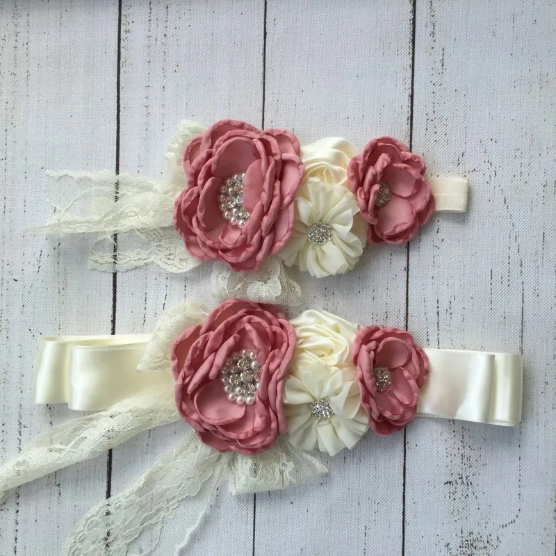 

Chiffon Flower Sash Matching Baby Headband Belt Flower Girl Hair Accessories with Sparkling Rhinestone Kidoche