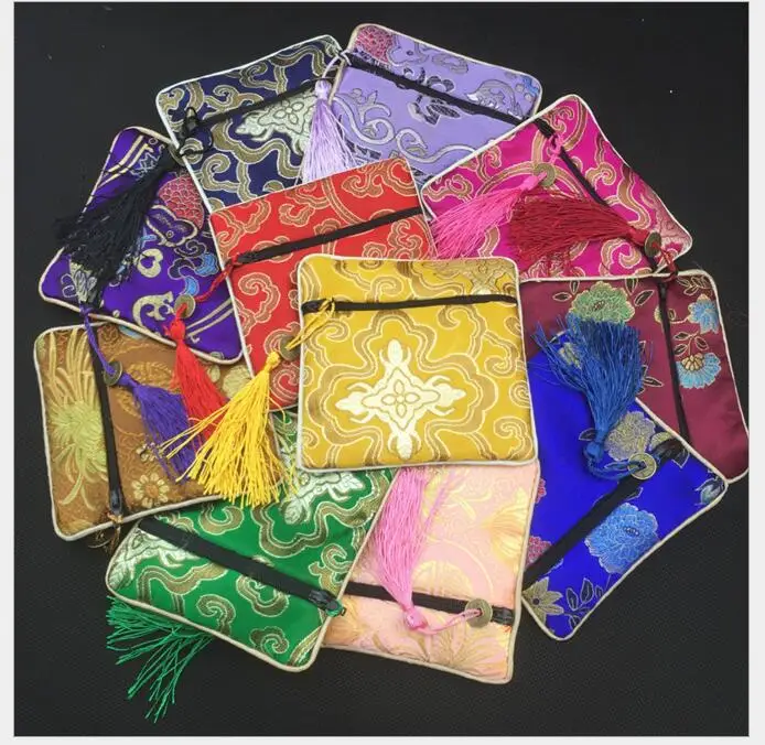100 pcs/lot Wholesales Embroidered Purse Coin Wallet Bag Tassel Storage Pouch