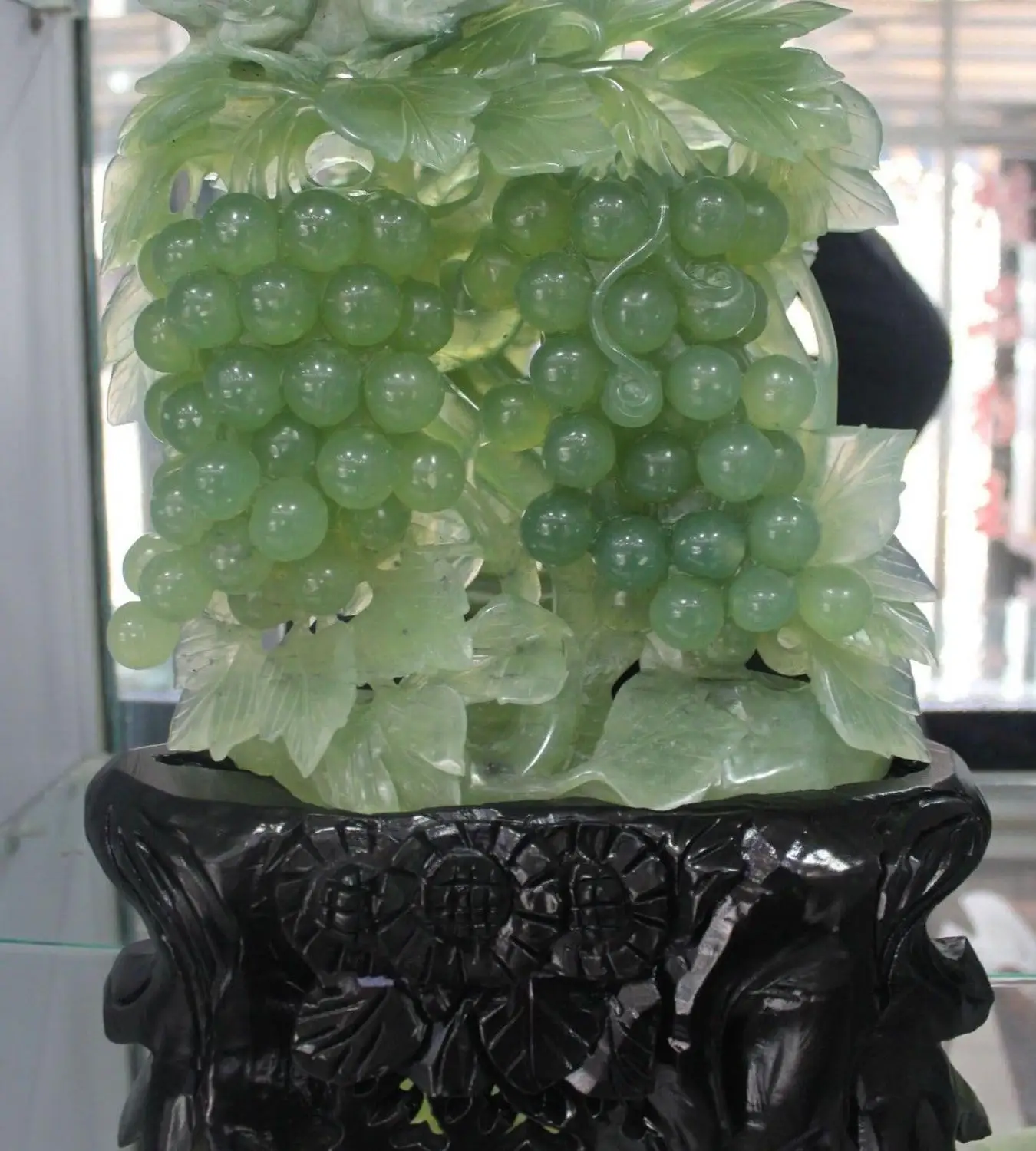 

16" Chinese Natural Green Jade Handmade Carving Fruit Grape Wood Base Sculpture