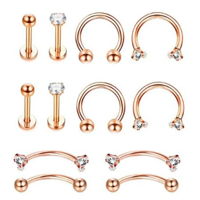 

12pcs/set Rose Gold Nose Ring Stainless Steel For Women Men Punk Nose Stud Piercing Nose Rings Lip Stud Summer Body jewelry