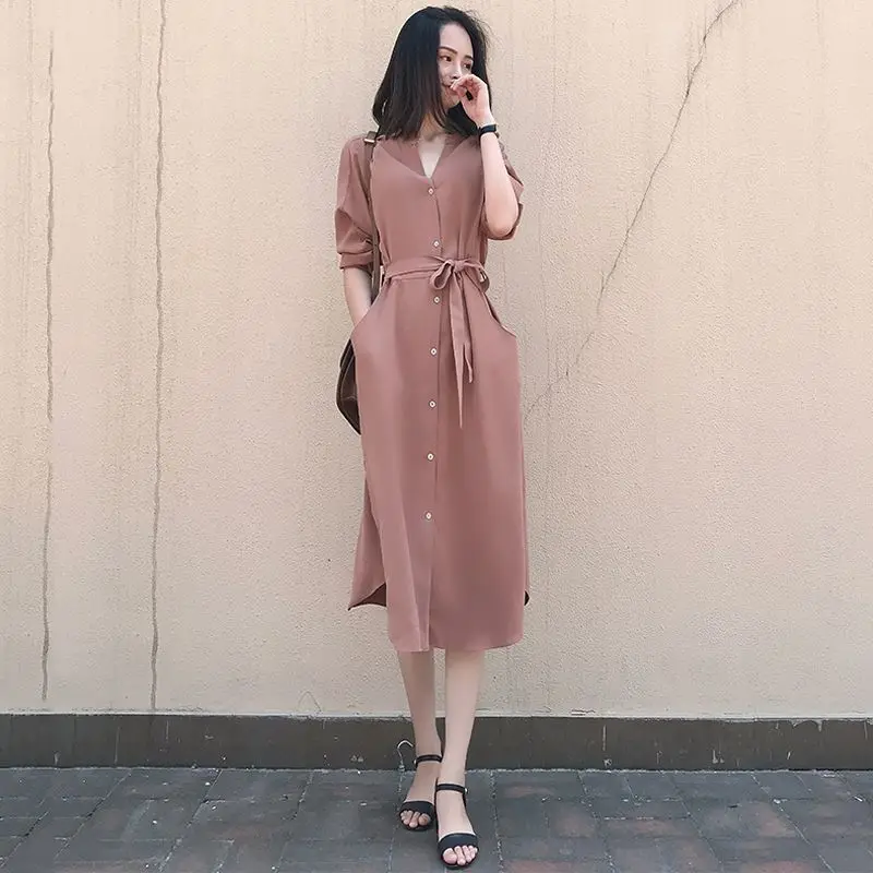 

New Spring Summer Women Casual Single Breasted Buttons Solid Dresses Female Vintage Chiffon Slim Dress Vestidos Robe Blusa Y87
