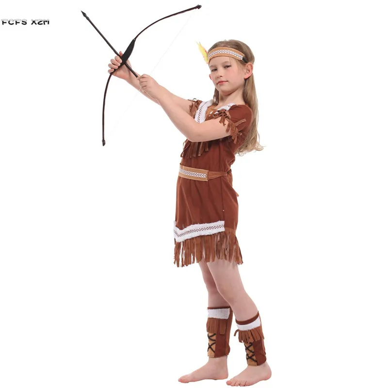

M-XL Girls Primitive Indian traditional Cosplay Kids Halloween hunter costume for Children Carnival Purim Stage play party dress