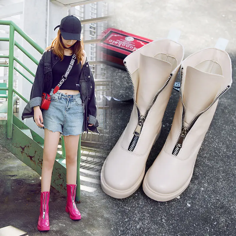 

Youbroer Booties with Chunky Spring and Autumn Single Boot Front Zip Scooter Boot for Girls with Medium Boots