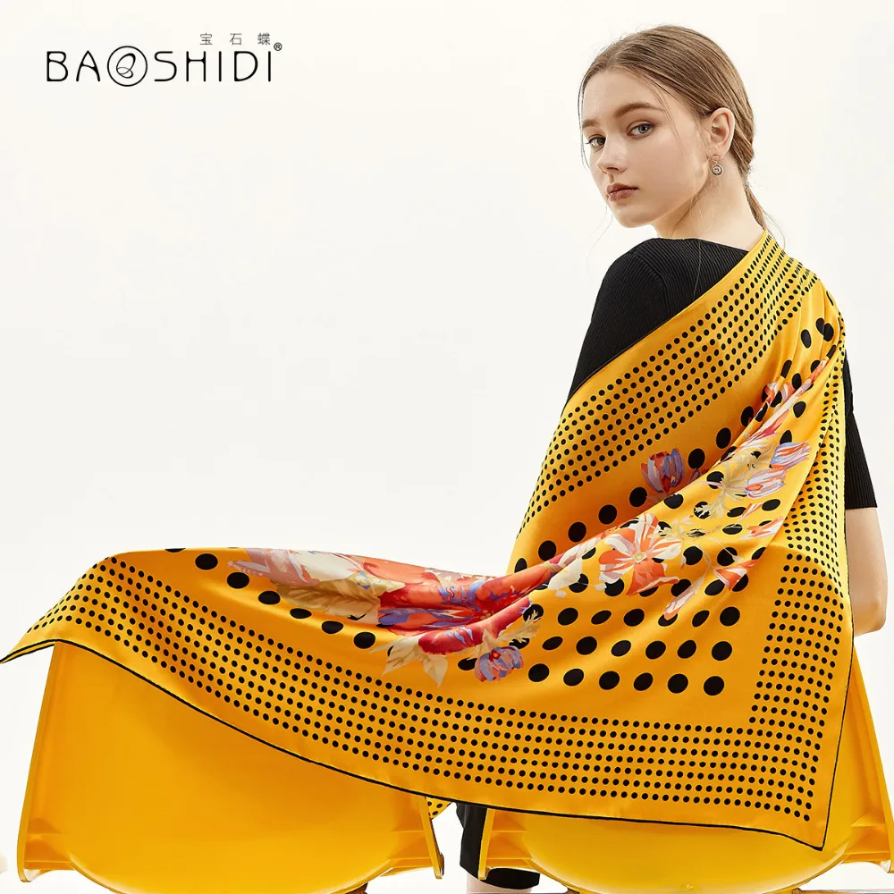 [BAOSHIDI] роскошный брендовый дизайн, натуральный атласный Шелковый квадратный шарф для женщин, Модный мягкий Элегантный женский хиджаб шарф